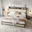 Structure de lit très grand avec station de charge, tête de lit rembourrée et lattes en métal pour le soutien du matelas, aucun sommier tapissier requis, beige