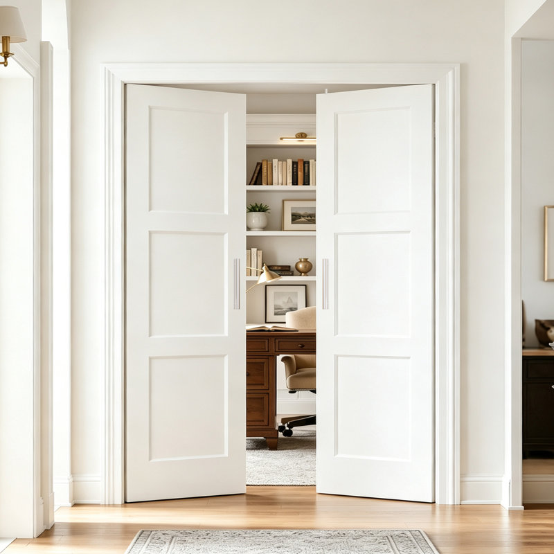 Porte de garde-manger double à porte française avec quincaillerie de poignée, ensemble de dalle de porte moulée à 3 panneaux creux blanc