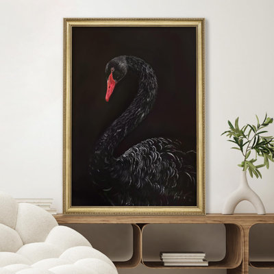 "Elegant Black Swan Portrait Graceful Minimalist Animal Illustration, décoration murale encadrée dorée"