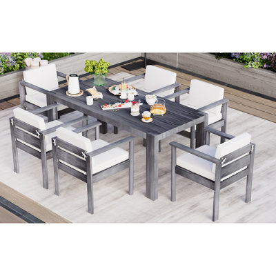 7 chaises de patio pour 6 personnes, table avec coussins confortables et résistants aux intempéries, cour, terrasse, jardin, bord de piscine (gris et beige 6: mobilier d'extérieur rectangulaire amovible toutes saisons