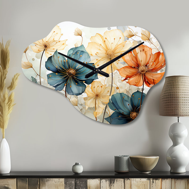 Horloge murale asymétrique en métal bleu sarcelle I - Botanicals, Grand