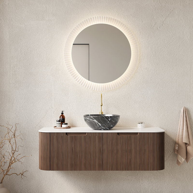 Meuble-lavabo de salle de bain 122 cm avec lavabo, mural, 2 tiroirs, noyer foncé, armoire à rayures 3D sur trois côtés, lavabo en céramique, installation facile, lavabo mural et lavabo noir à motif pierre, contreplaqué, rayures
