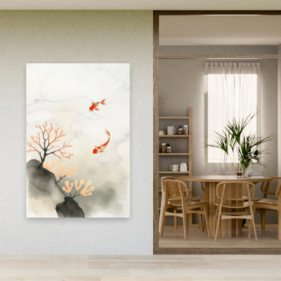 «Koi tranquille» et corail abstrait délicat, poisson élégant, art mural