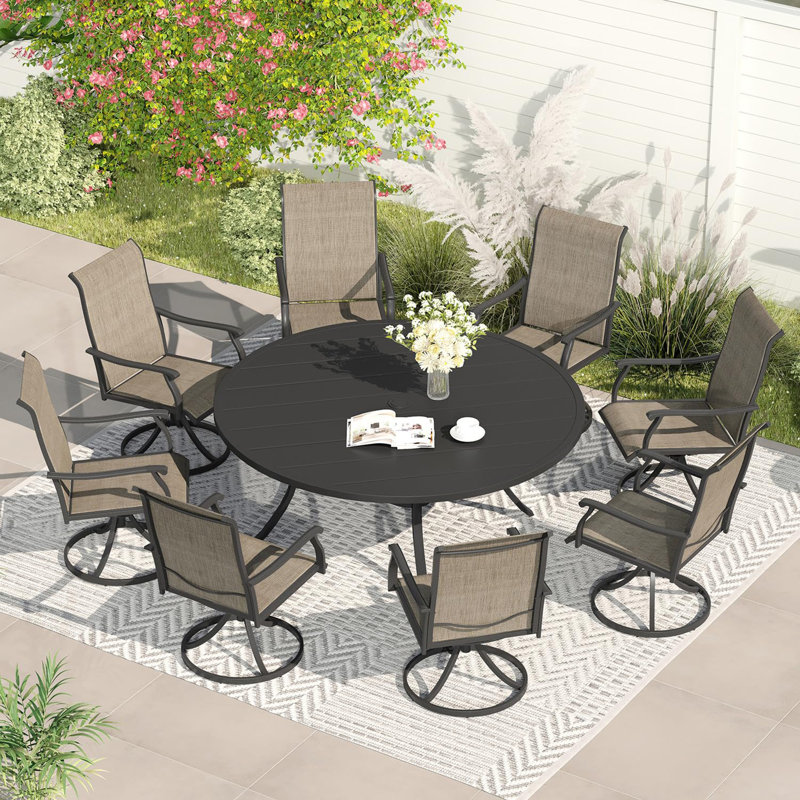 Kwynn Round Metal Outdoor Dining Table With Umbrella Hole , 54'' in. W 54'' in. D, Black