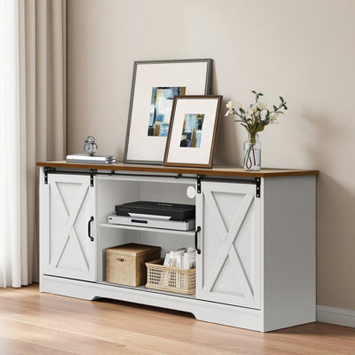 Meuble télé moderne en bois pour téléviseur de 58 po ou moins, avec portes de grange coulissantes, 3 tablettes réglables, ports de gestion des câbles