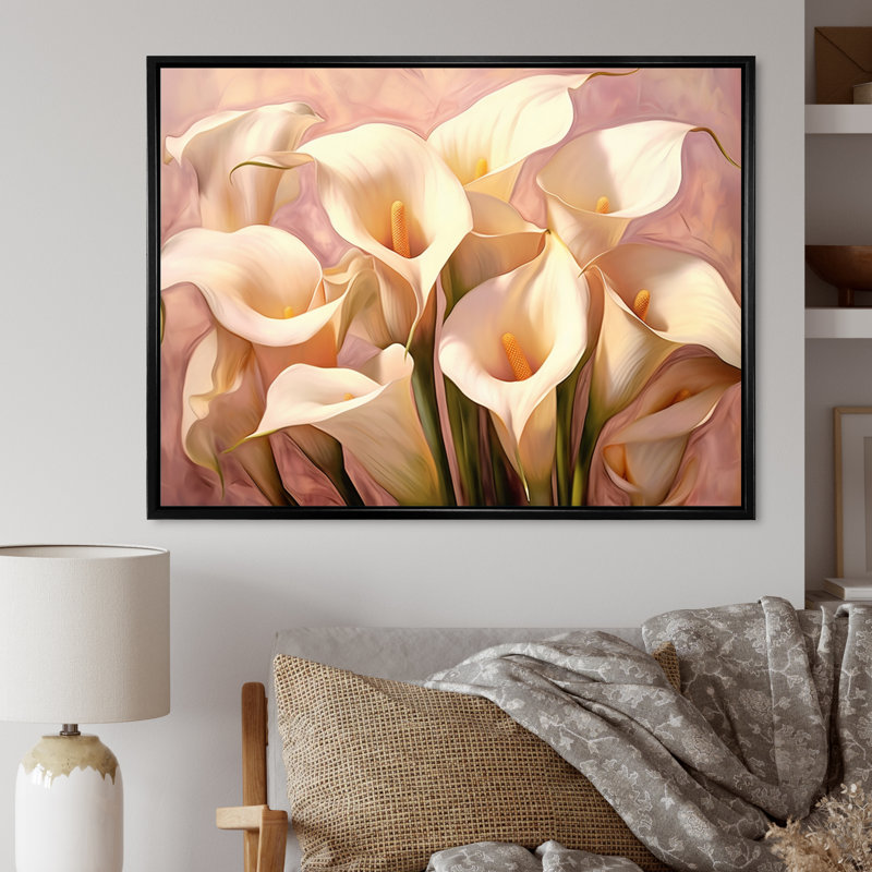 Crème de lis crème rose sur toile, Cadre flottant noir, H 24 po x l 32 po x P 1 po