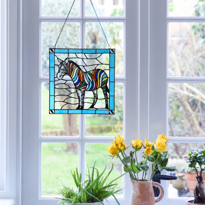 12"H Rainbow Stripe Zebra Stained Glass Window Panel