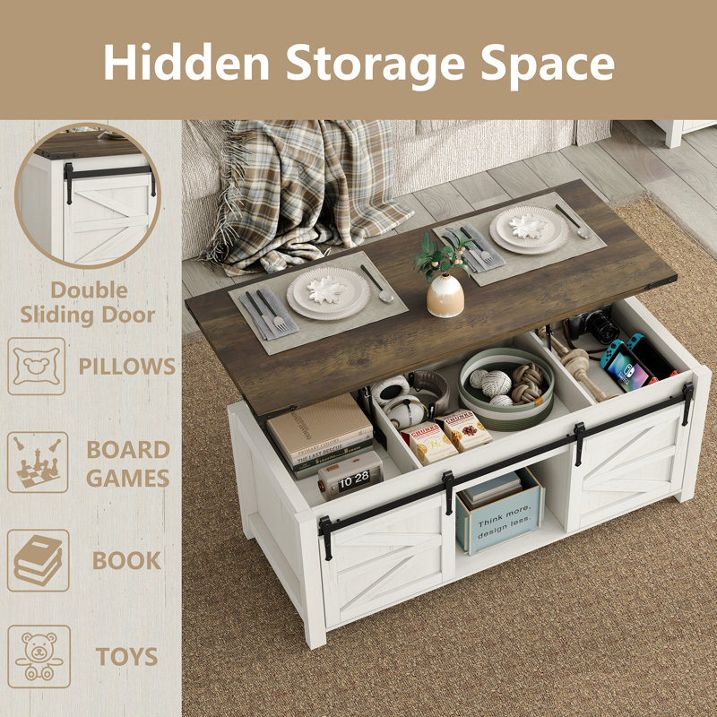 Jaquavion Coffee Table, Farmhouse Lift Top Coffee Table with Hidden Storage and Sliding Barn Door for Living Room