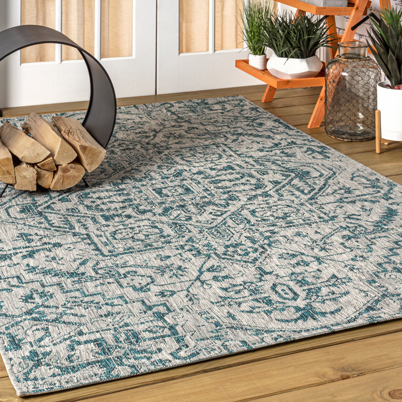 Tapis intérieur / extérieur bleu sarcelle / gris Truman, Rectangle 3 pi 1 po x 5 pi