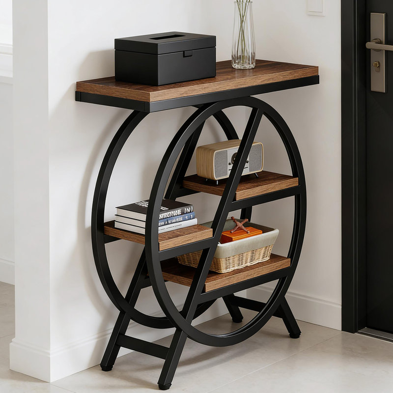 Table de bout compacte industrielle avec rangement à 4 niveaux, parfaite pour les petits espaces et les décors modernes.