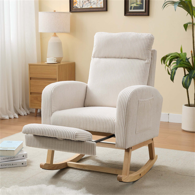Chaise berçante d'appoint moderne avec pieds en bois massif, dossier haut et poche latérale, fauteuil oscillant rembourré pour le confort et le style