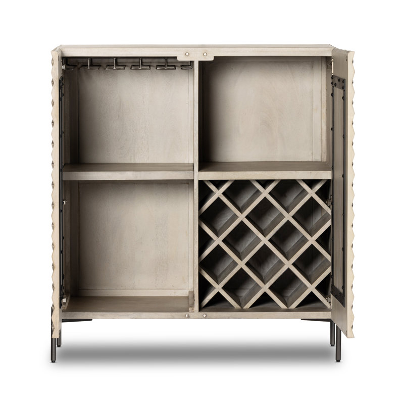 Raffael Solid Wood Bar Cabinet, Stonewash Gray Mango/Gunmetal