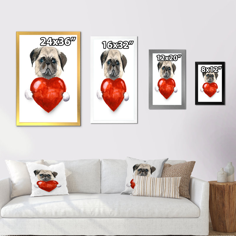 Petit chien tenant un cœur de Saint-Valentin - décoration murale pour enfants, art sur toile, H 20 po x l 12 po x P 1 po