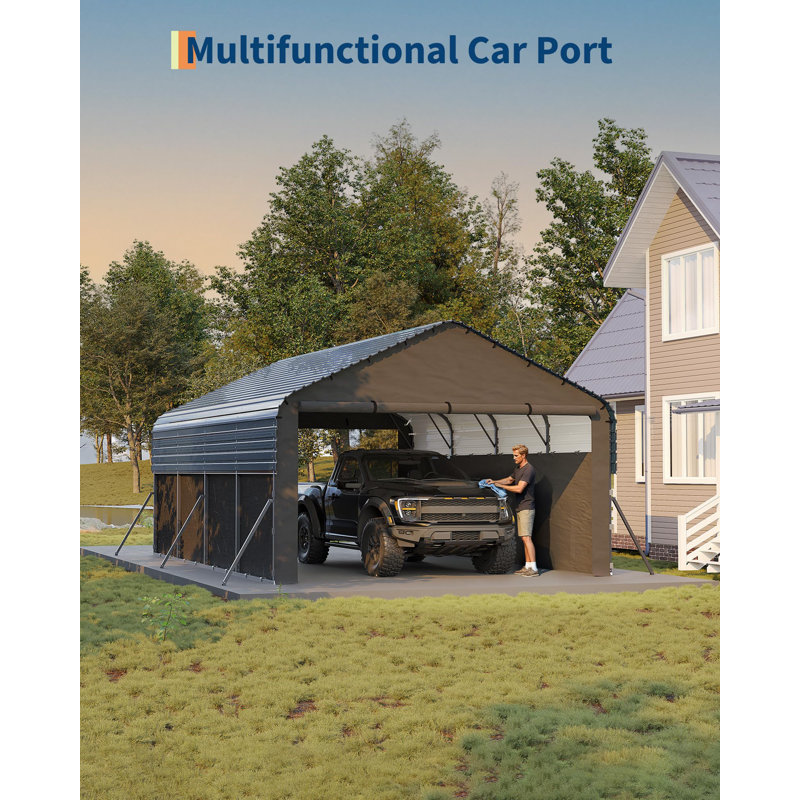 All-Weather Enclosed Metal Carport - 12x19ft, Heavy Duty Steel Shelter with Waterproof 220g Tarp, Gable End Doors & Sidewalls for Full-Size Trucks, Boats, Tractors