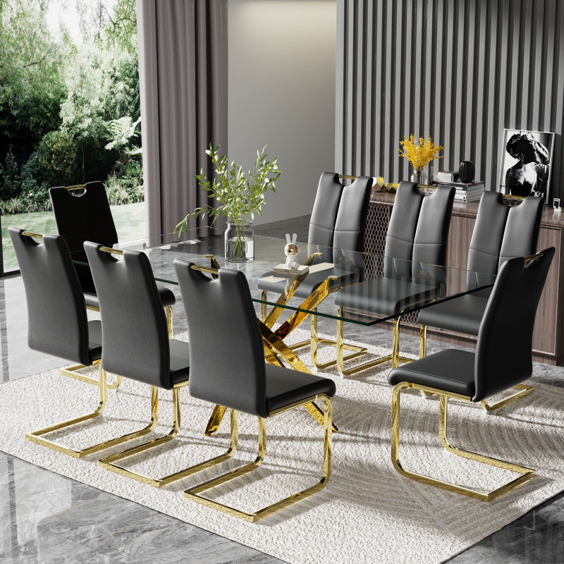 Modern 71in Glass Dining Table Set with Luxury Faux Leather Dining Chairs, 9, Black, Silver