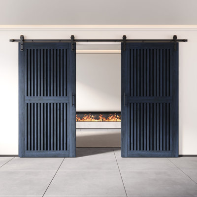 Homacer Navy Double 48in x 80in Unassembled & Finished Vertical Stripe Design Barn Doors with Non-Bypass Installation Hardware Kit, 18ft track, interior use only