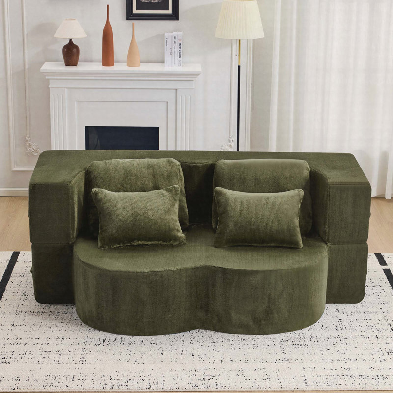 Grand canapé-lit à plancher vert avec 4 coussins, style matelas pliant, aucun assemblage requis