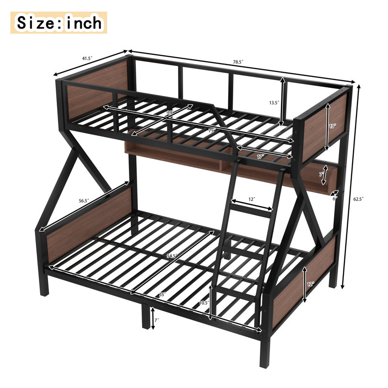 Twin over Full Bunk Bed, Metal Bunk Bed with LED Lights, Built-in Storage Shelves, Space-Saving, Quiet & Sturdy, Black