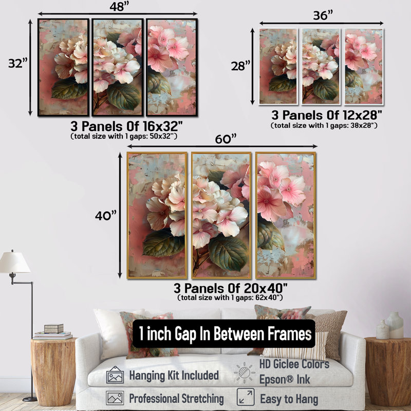Ensemble de décorations murales Baio Hydrangea Country Charm III - Hydrangea, Toile avec cadre flottant noir