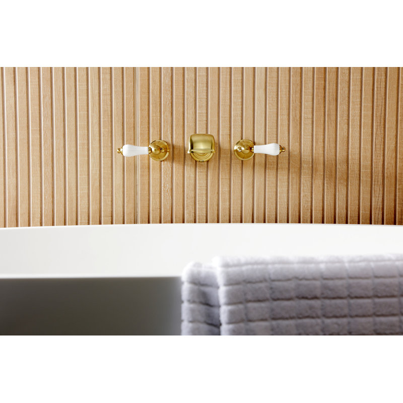 Kingston Brass Two-Handle 3-Hole Wall Mount Roman Tub Faucet, Lever, Brushed Brass