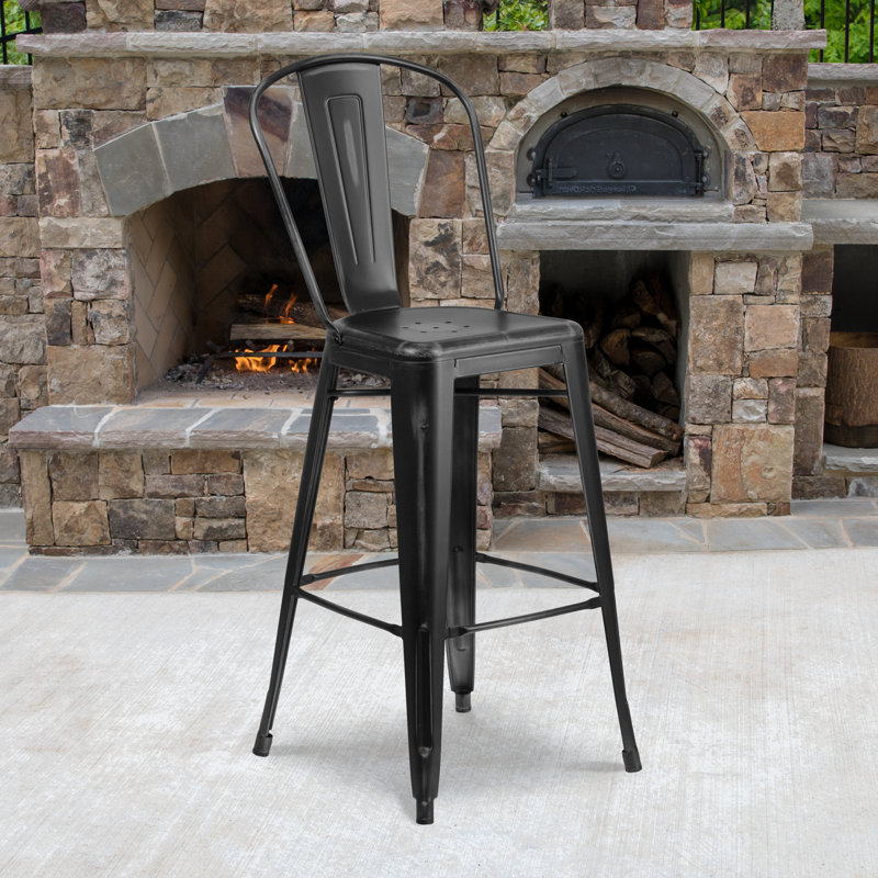 Angelean 24" High Distressed Metal Indoor-Outdoor Counter Height Stool - Back, Black, Bar Stool (30" Seat Height)