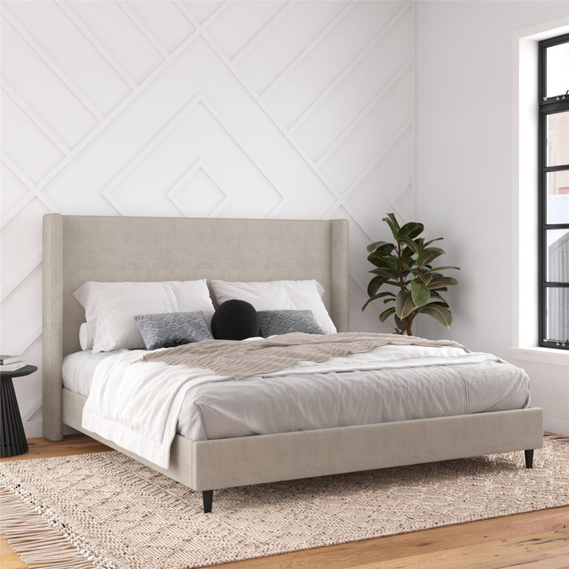 Ifigeneia King Upholstered Wingback Bed, Light Gray Velvet 