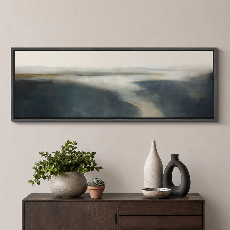 Minimal paysage horizon brume abstraite paysage brumeux, H 20 po x l 60 po, Noir