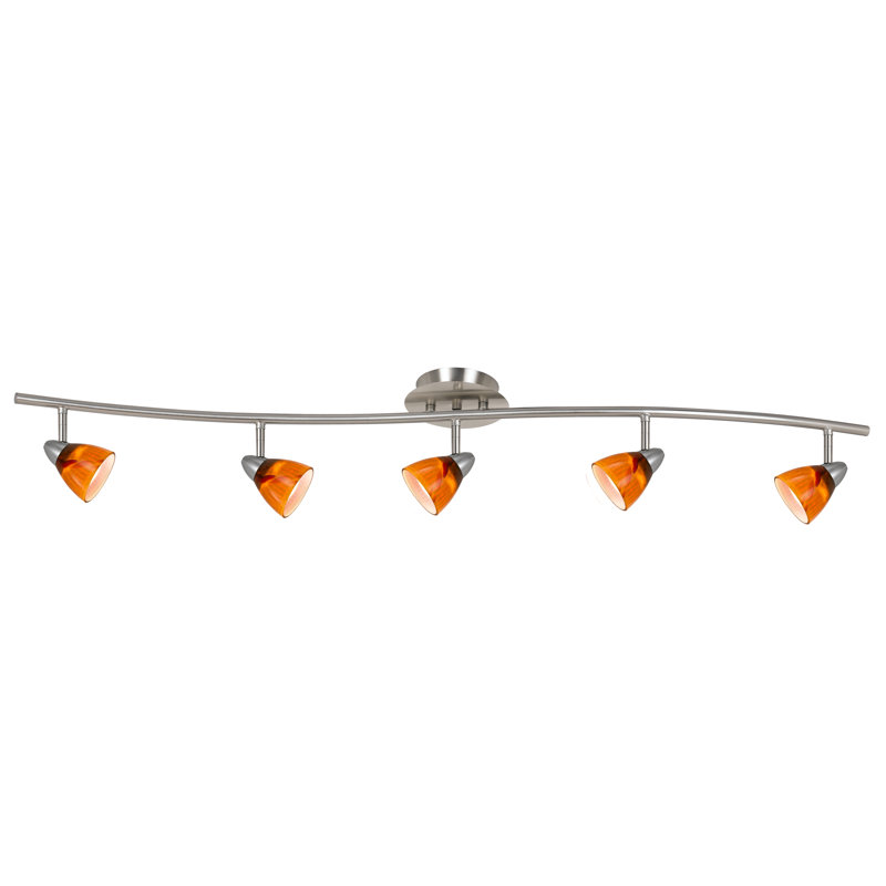 Ensemble de rail d'éclairage 5 lumières Alberto, Acier brossé, Tache ambre