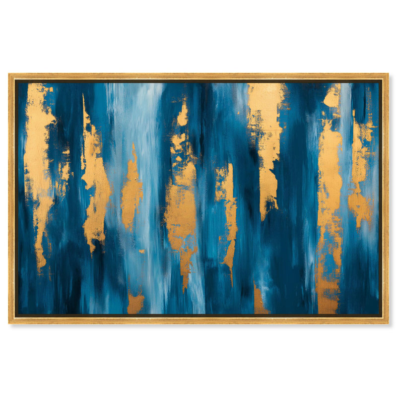 «Blue Dark Texture with Golden Touch II», art mural bleu par , H 37 po x l 55 po, Cadre flottant doré