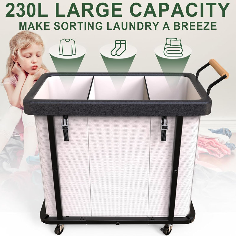Très grande trieuse de linge à 3 sections avec couvercle et panier à linge sur roulettes 230 L (60 Gal), Rose