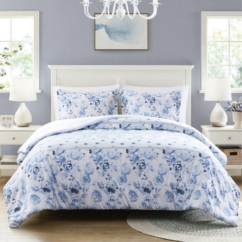 Housse de couette simple / simple TG avec rayures florales rétro, microfibre, lavable à la machine, 2 taies décoratives en microfibre et rayé TG