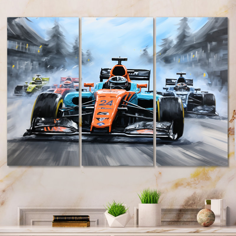 Orange et bleu, voiture de course, art mural, H 28 po x l 36 po x P 1 po, Toile tendue
