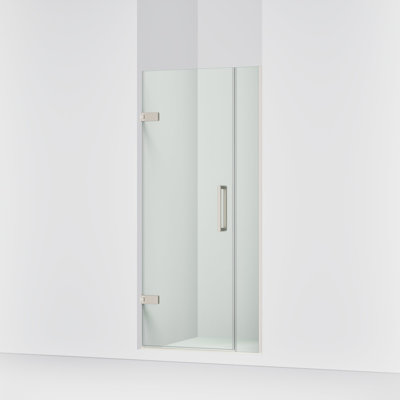 Porte de douche à pivot sans cadre de l 33 à 5/8 po X H 71 1/2 po avec verre transparent cristal de 3/8 po et poignées de porte verticales à l’arrière et à l’arrière
