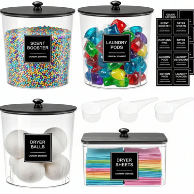 Laundry Pods Container & Dryer Sheet Holder, Laundry Room Organization And Storage Jars With Lids, Labels & Scoops For Powder Detergent Scent Booster