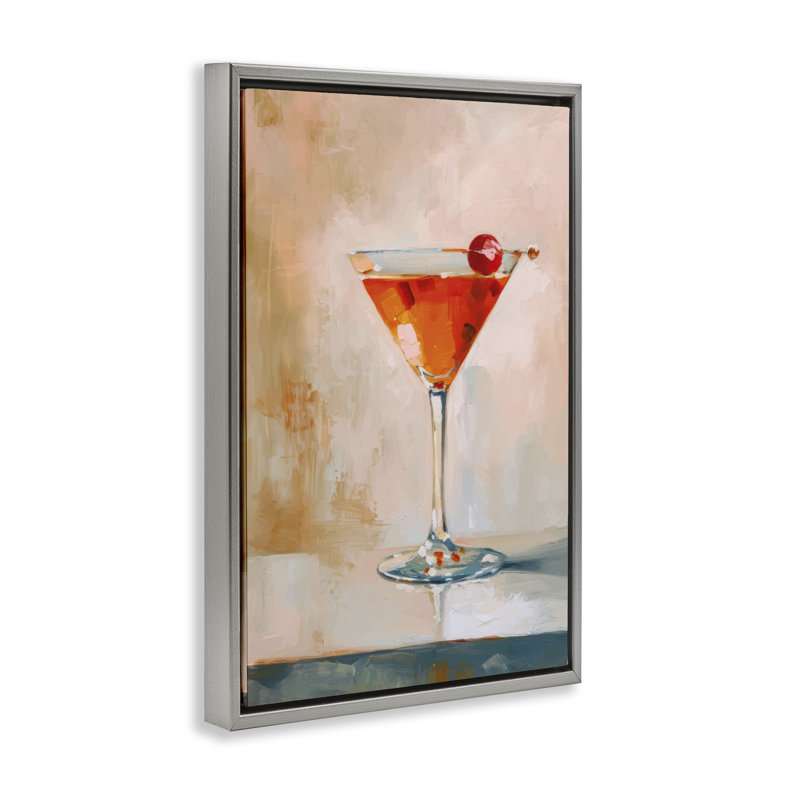  Cocktail Manhattan avec toile cerise par LSR Design Studio, H 31 po x l 21 po, Cadre flottant gris lustré