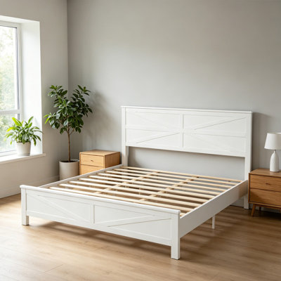 Lit très grand en bois de pin blanc, cadre de style maison de campagne avec structure renforcée, tête et pied de lit de style grange