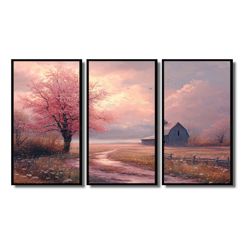 Paysage de ferme dans des tons de rose et de bleu - ensemble d'art mural de ferme, H 28 po x l 36 po x P 1 po