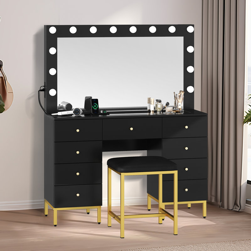 Ensemble de coiffeuse avec miroir lumineux, station de charge et tabouret Leisha, Noir