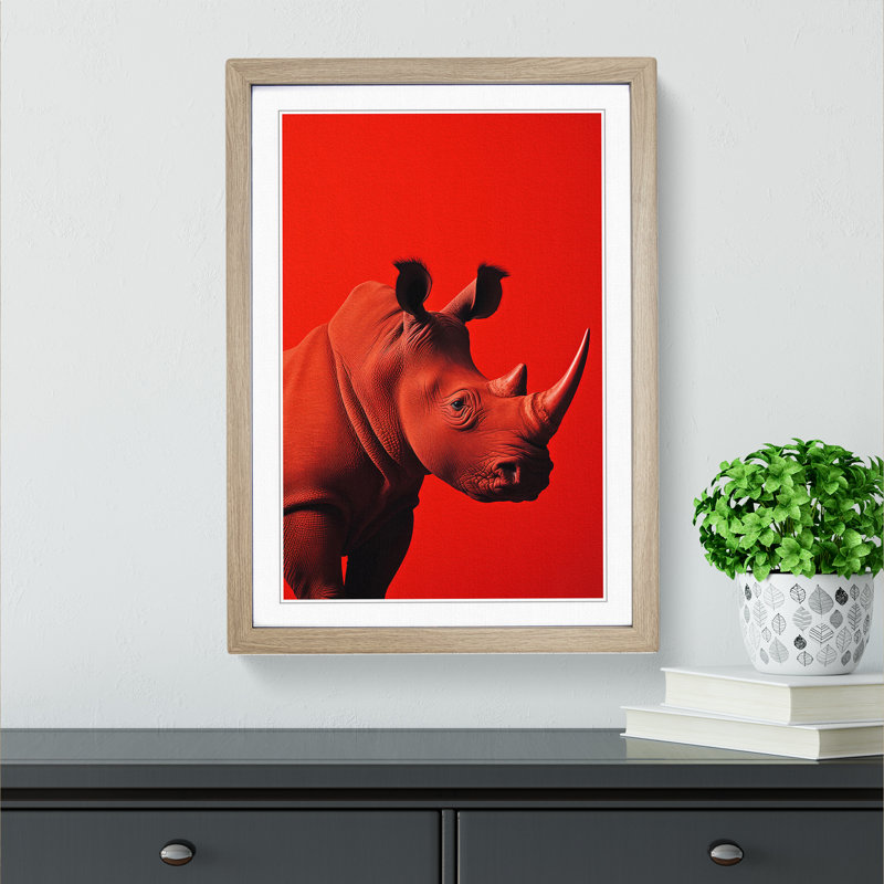 Rhino Minimalism Art - Framed Print, 46cm H x 34cm W x 2cm D, Oak Framed