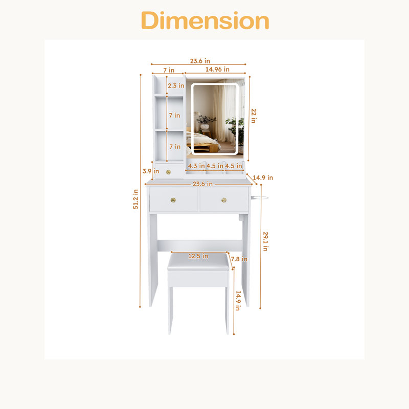 Modern Small Vanity Desk ,Featuring 3 Modes Of LED Lighting With Adjustable Brightness, 3 Drawers And Multiple Open Storage Shelves, A Hair Dryer Holder And Power Socket, And A Dressing Chair