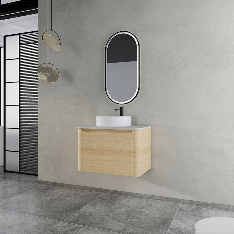 Meuble-lavabo mural 30 po avec lavabo d'art en céramique et 2 portes à fermeture en douceur, Chêne