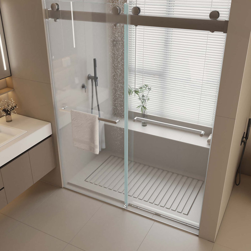 Porte de douche coulissante double sans cadre à fermeture en douceur, verre trempé épais de première qualité et revêtement facile à nettoyer en chrome