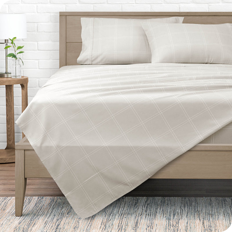 Twin XL Stone and White Plaid Microfiber Sheet Set