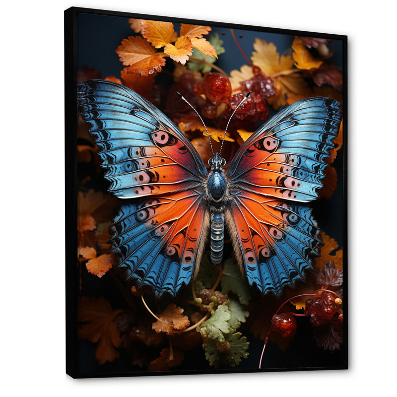 «Orange Turquoise Animal Butterfly», reproduction sur toile, H 40 po x l 30 po, Cadre flottant noir