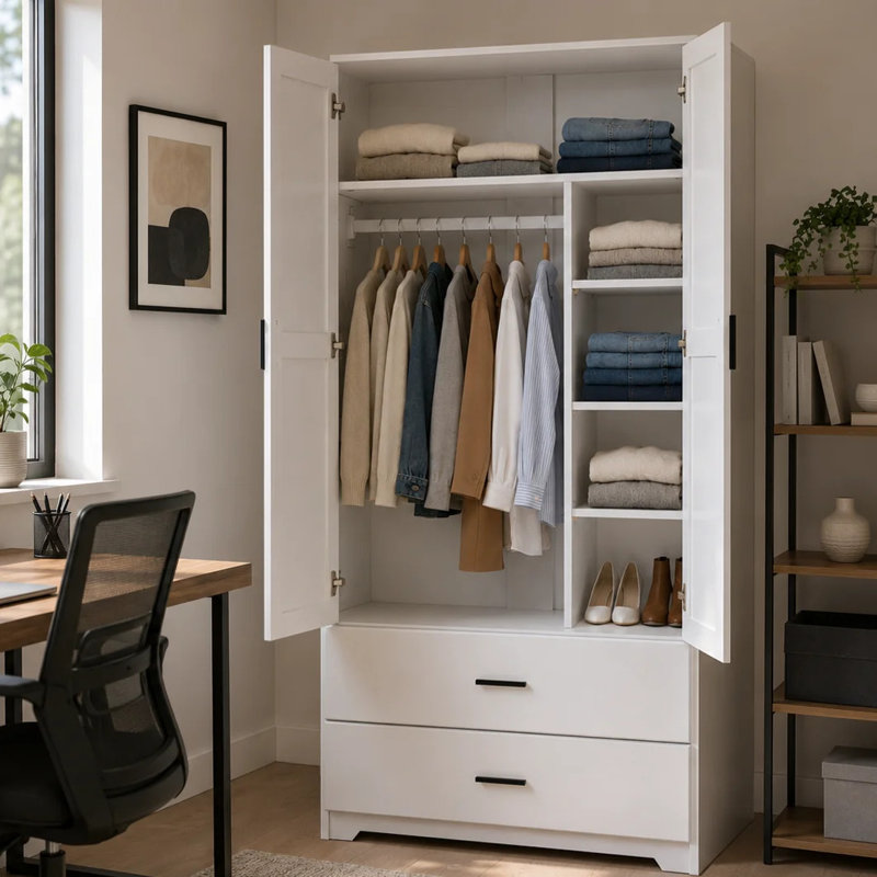Armoire en bois massif avec 2 tiroirs en blanc massif teinté, Blanc uni peint