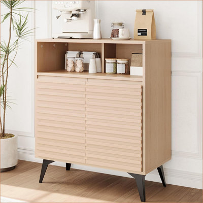 Fluted Storage Cabinet, Sideboard Buffet Cabinet Mid-Century Modern Two-Tier Display Stand with Storage & Adjustable Shelves for Living Room, Kitchen, Entryway
