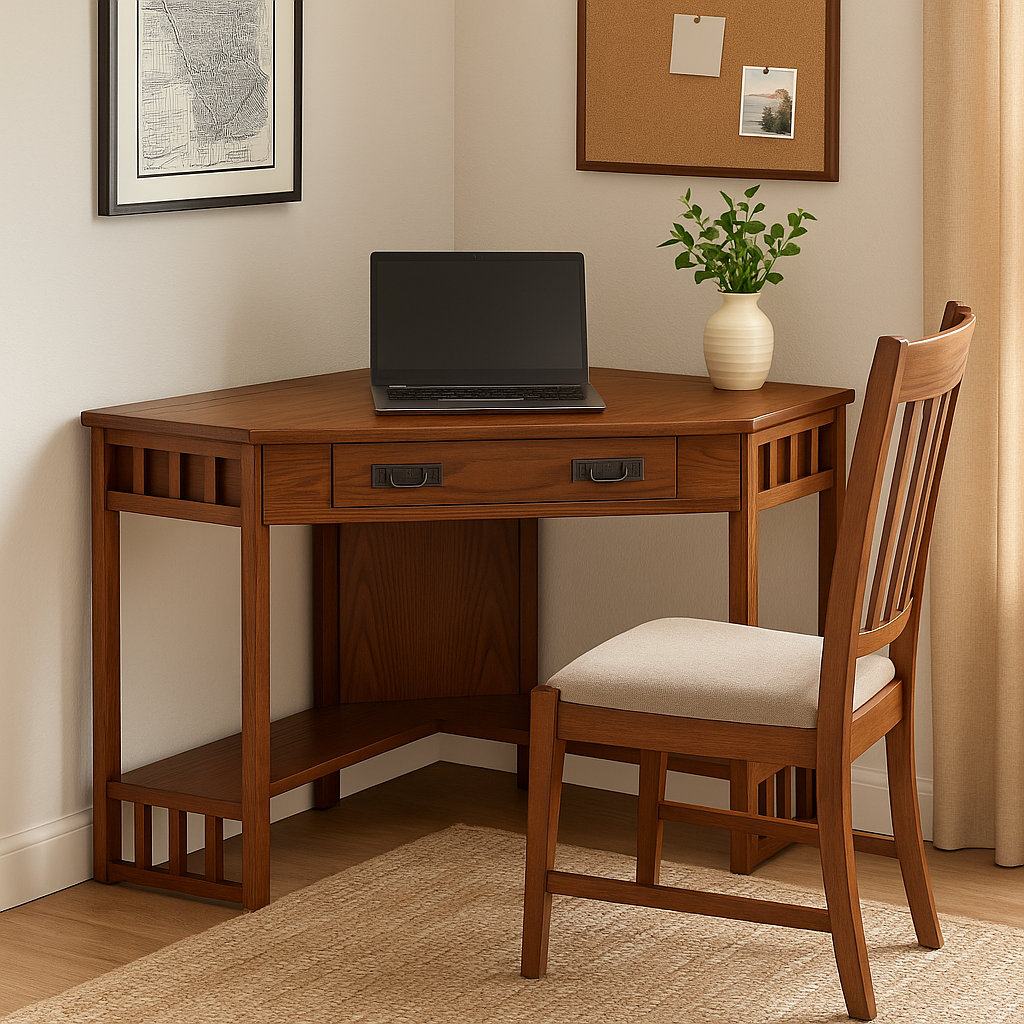 Corner Solid + Manufactured Wood Computer Writing Desk in Mission Oak Millwood Pines