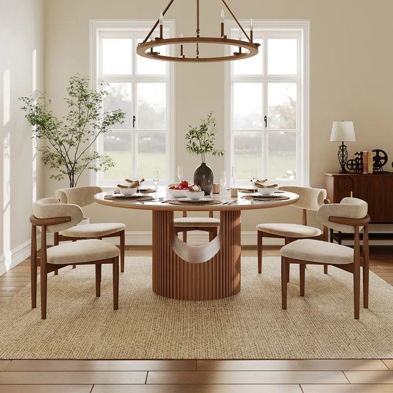 Modern Dining Room Sets, Pre-Assembly Round Dining Table Sets, Sintered Stone Tabletop Kitchen Dining Table Set With Upholstered Chairs