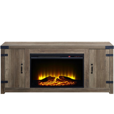 Meuble télé rectangulaire avec foyer au fini chêne rustique, rangement comprenant 2 tiroirs et des rangements de porte, épaisseur de plateau de 15 mm, bois synthétique en métal, limite de poids de 100 lb, largeur de 53,9 po, hauteur de 25,15 po