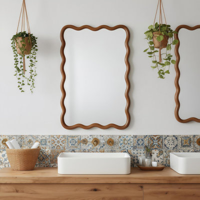 Miroir décoratif rectangulaire en bois massif ondulé de couleur noyer noir 20 po x 30 po, pour chambre à coucher, salle de bain, salon, entrée